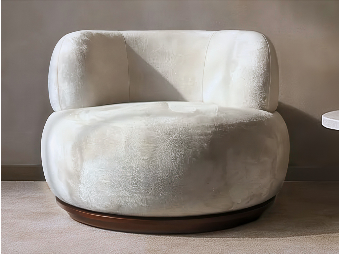 Puffy Selene Swivel Chair in white velvet fabric with a wooden base on carpet