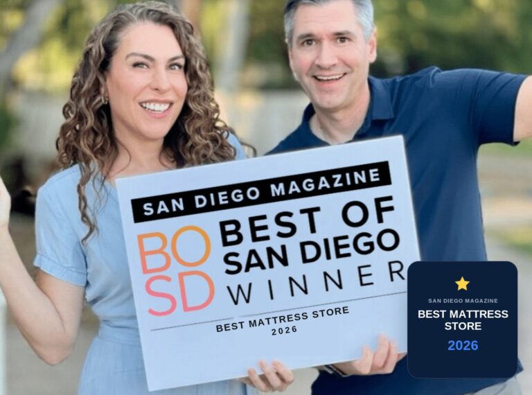Yawnder owners outside the Encinitas showroom with the San Diego Magazine Best Mattress Store award