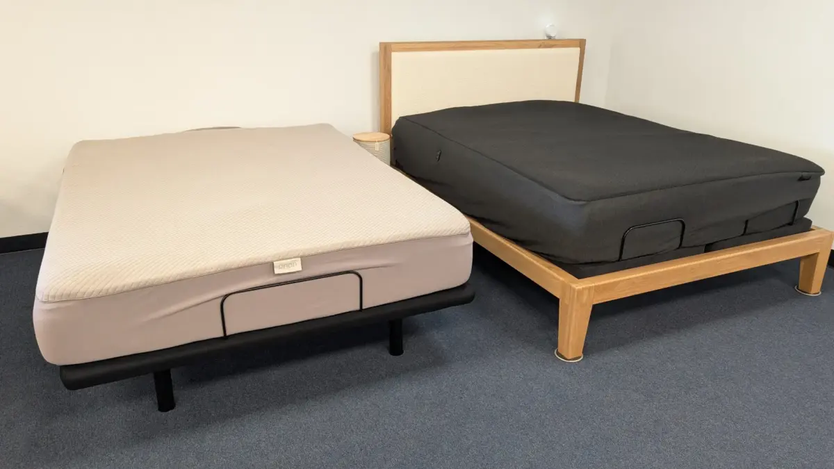 Orion mattress on an adjustable base next to the Eight Sleep Pod at the Yawnder San Diego showroom