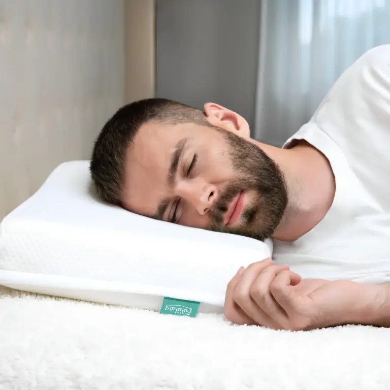Man sleeping on side using the Pyramid Pillow anti-snore wedge