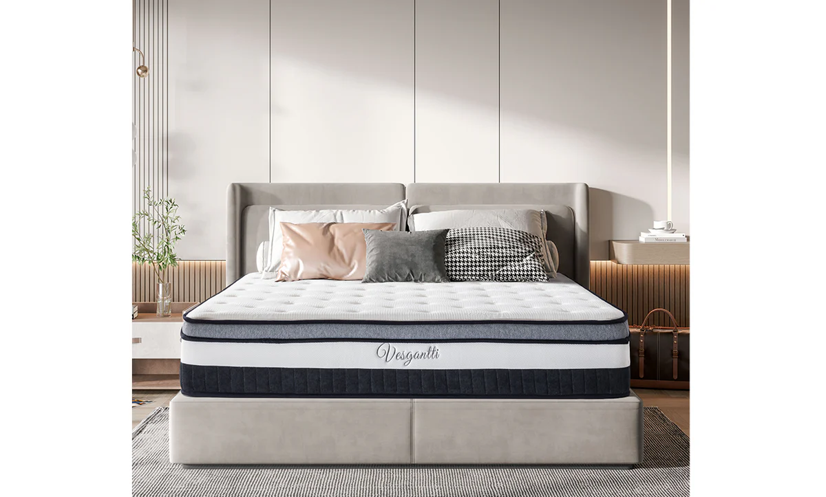 Vesgantti Nova Luxe hybrid mattress on a wood bed frame
