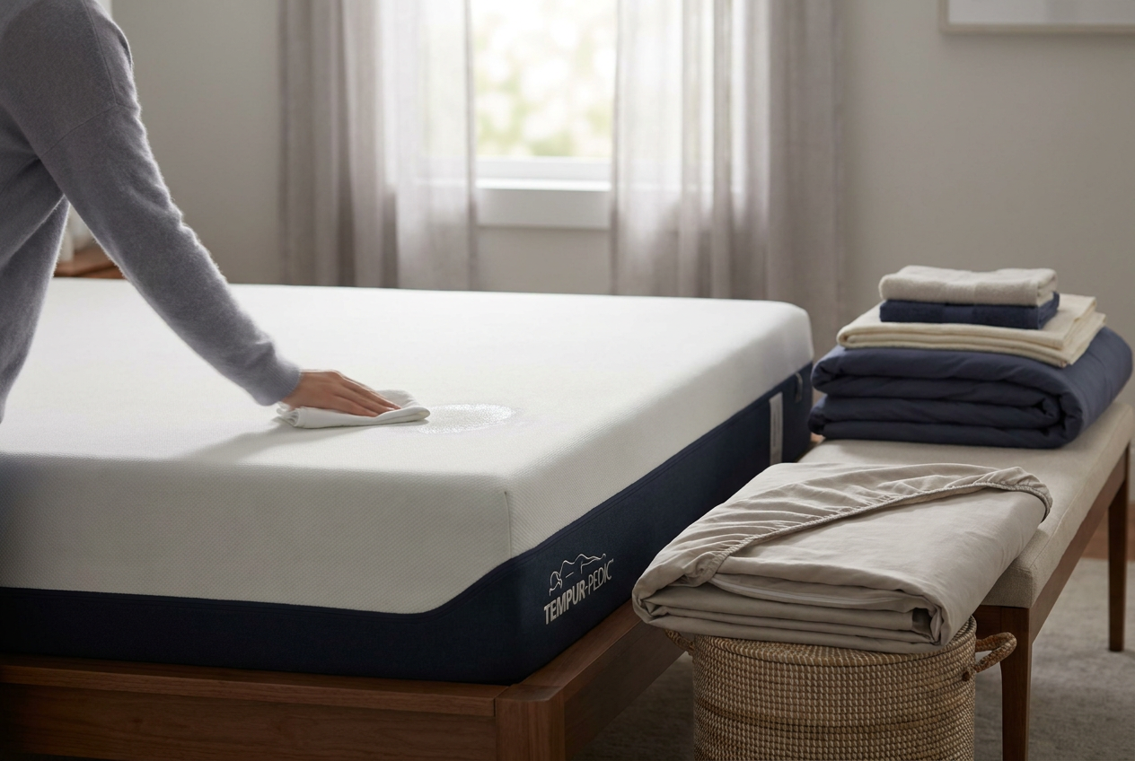 Cleaning a Tempur-Pedic mattress — editorial illustration
