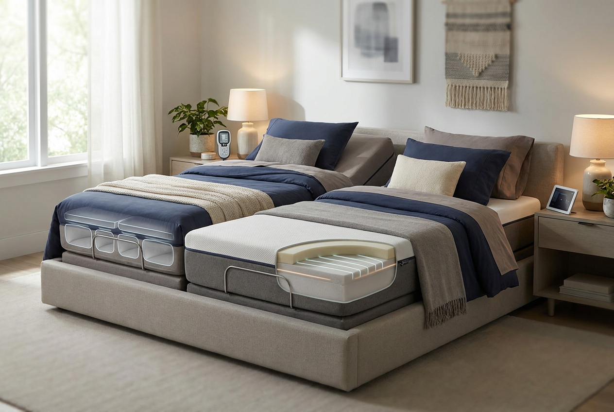 Editorial illustration comparing iSense with Sleep Number adjustable firmness mattresses