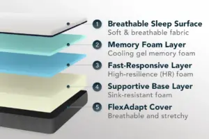 Cutaway of the Original Lull mattress showing its gel memory foam, transition and base foam layers