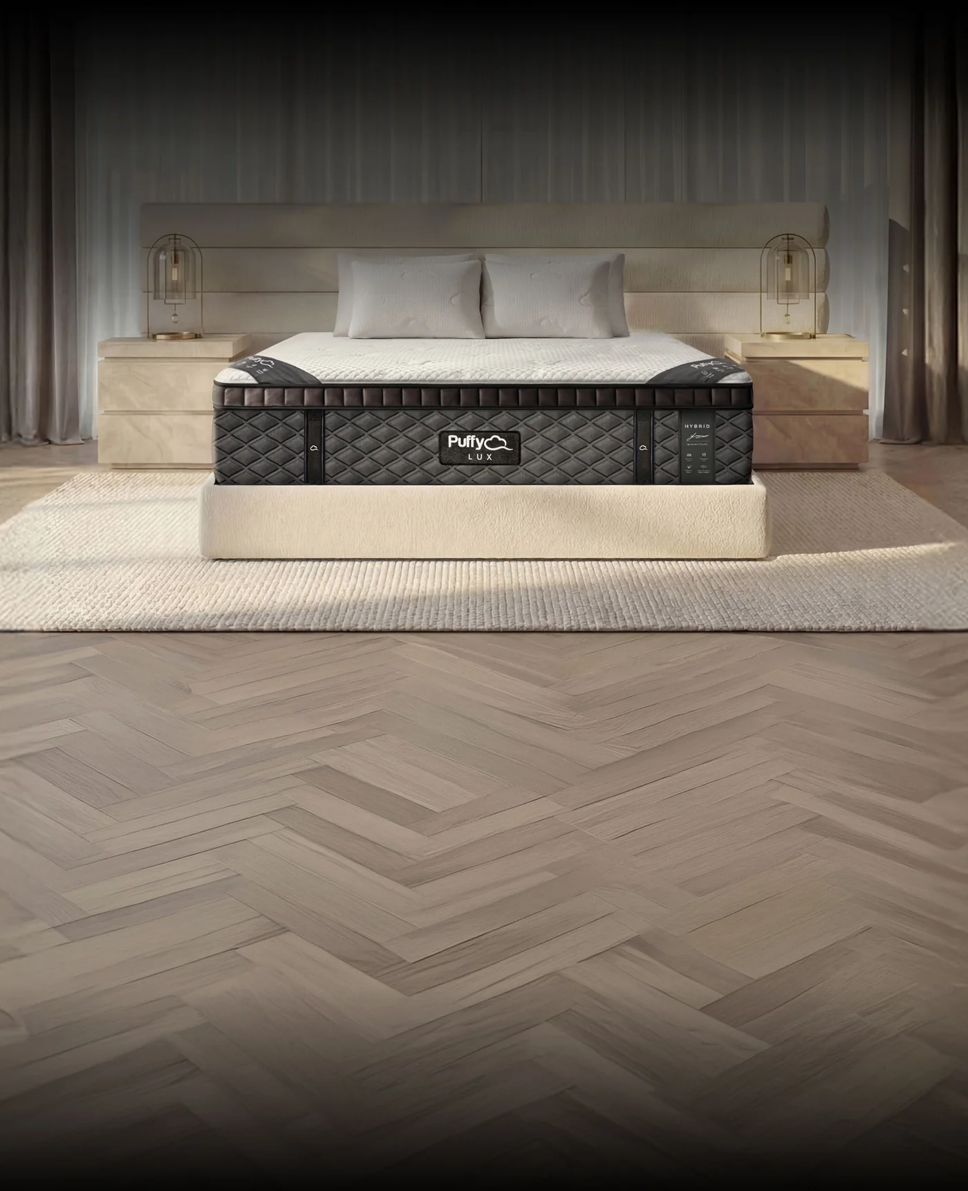 Puffy Lux mattress front view showing the quilted cooling cover