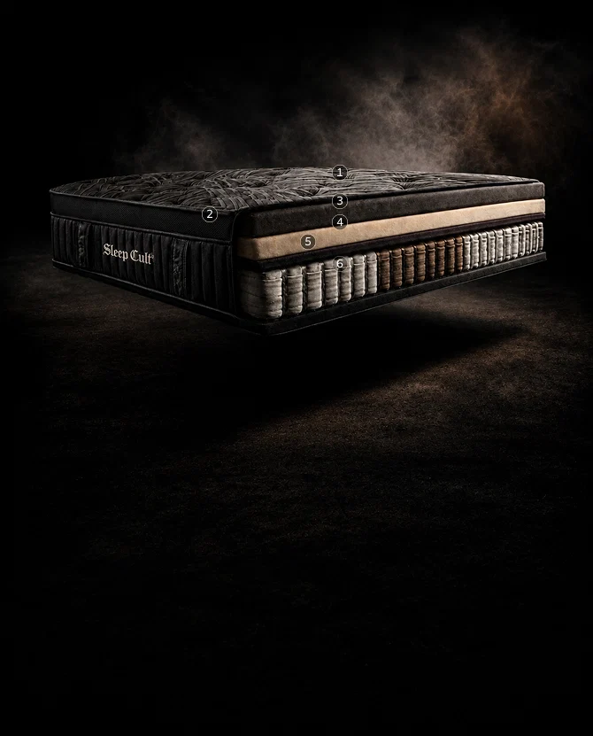 Sleep Cult Hybrid Mattress cut open showing cooling cover, airflow mesh, comfort foam, transition foam, zoned pocket coils and base foam