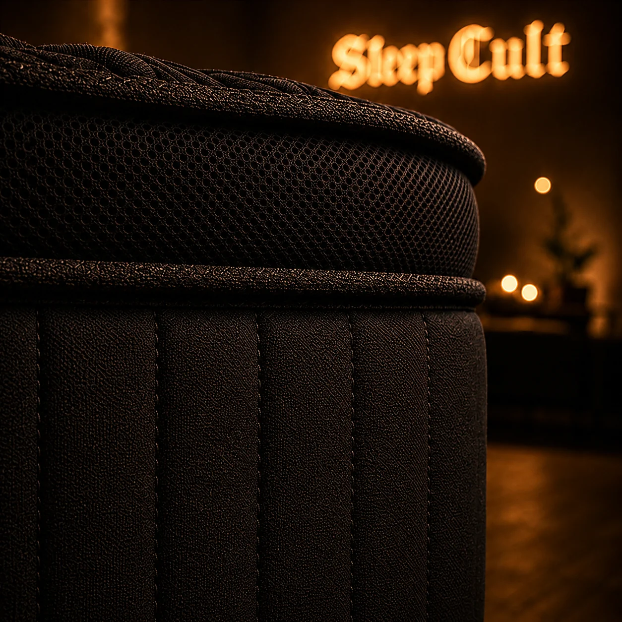 Side profile of the 12-inch Sleep Cult Hybrid Mattress showing the euro-top and coil unit