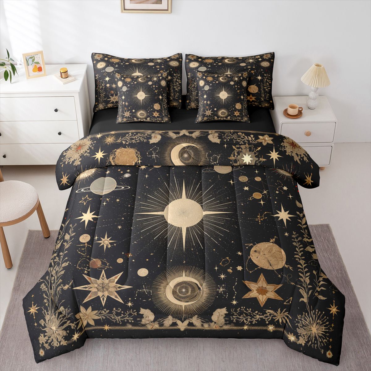 Black and gold sun moon and star comforter set
