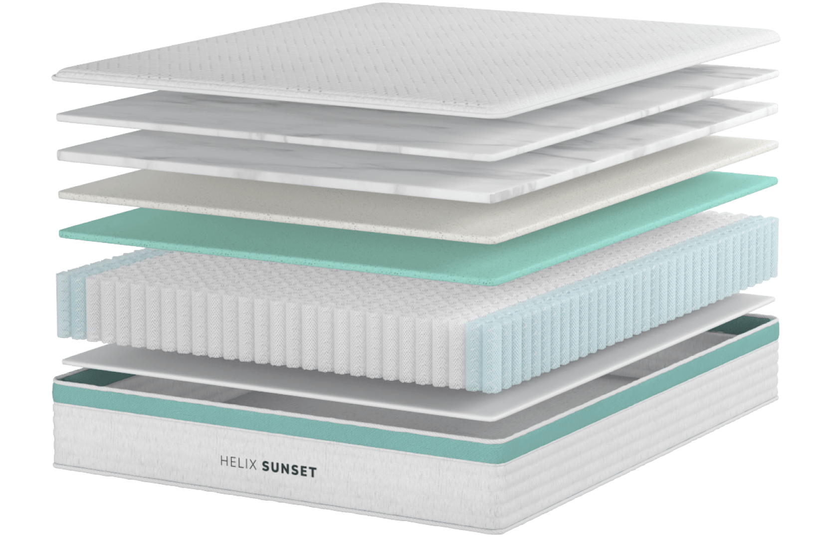 Official Helix Sunset mattress construction diagram showing foam layers and pocketed coils