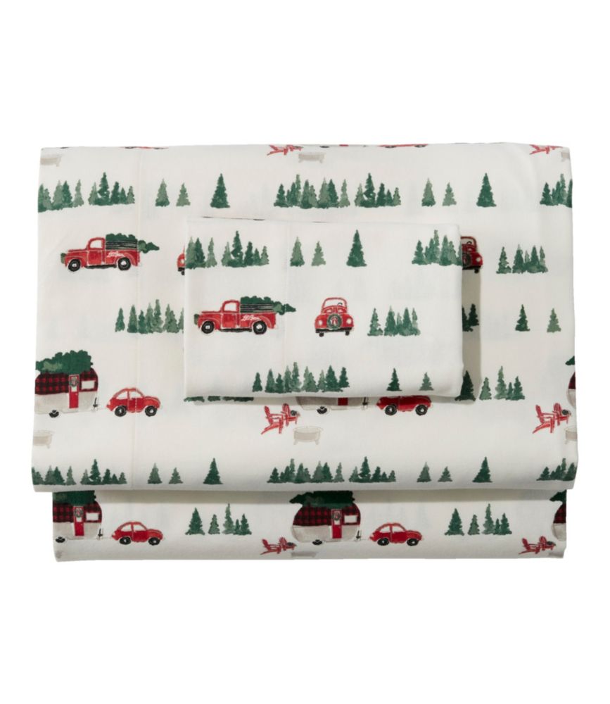 L.L.Bean Holiday Flannel Sheet Set with red trucks and Christmas trees