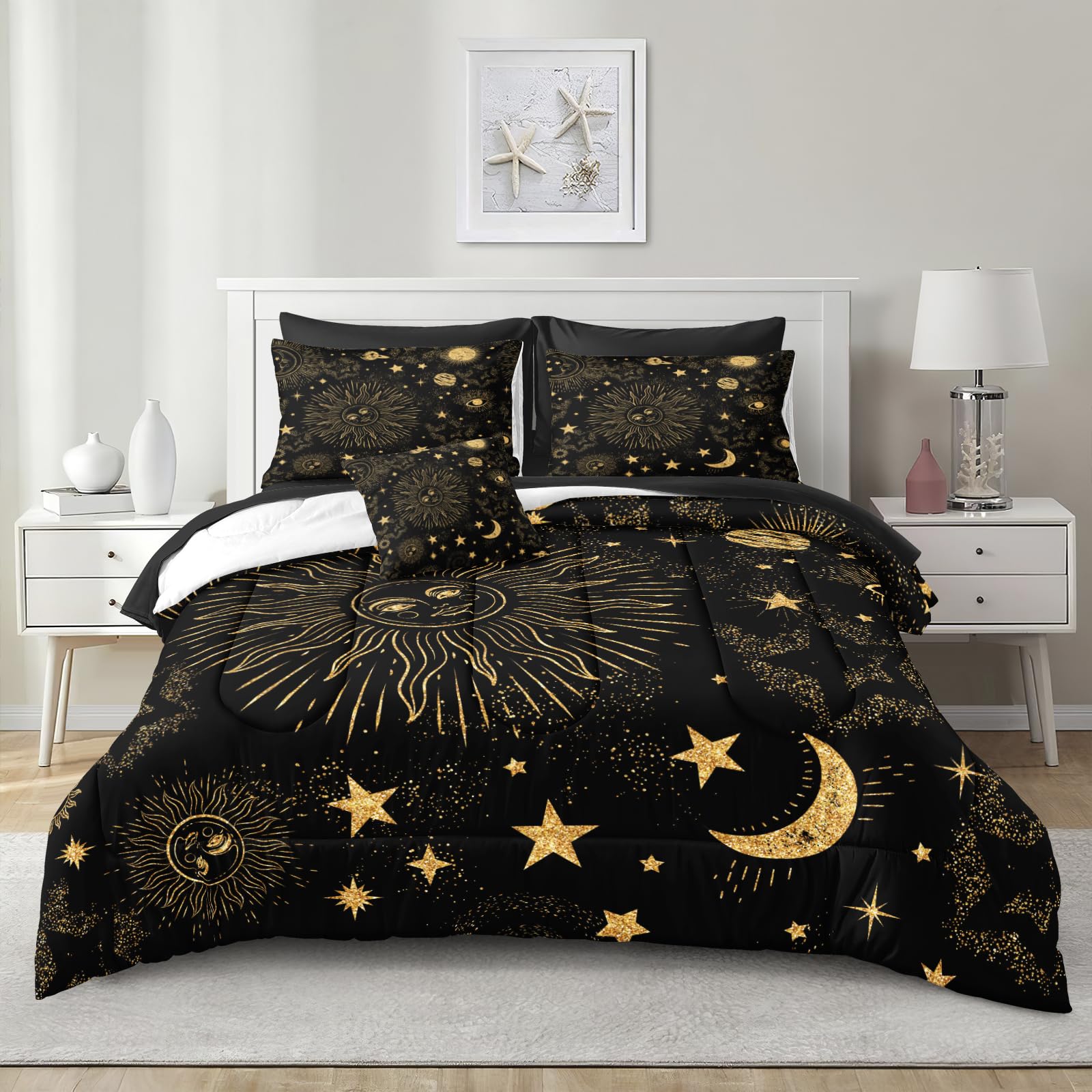 Black and gold sun moon and star bed in a bag comforter set