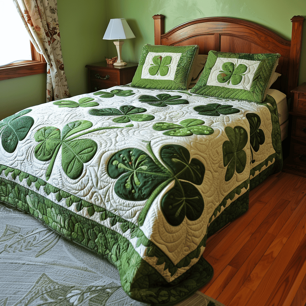 Green shamrock quilt bedding set