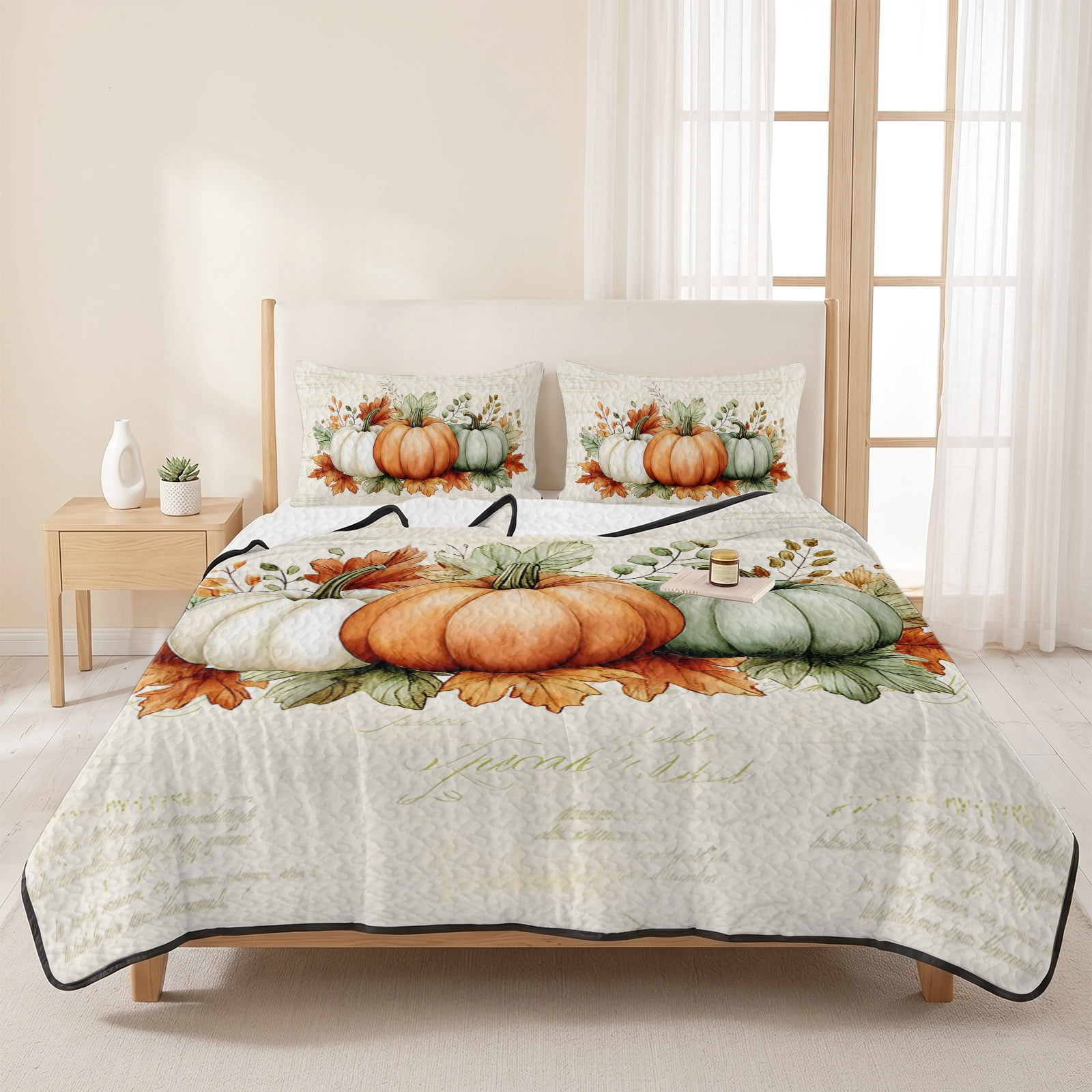Thanksgiving quilt set with orange and green pumpkins