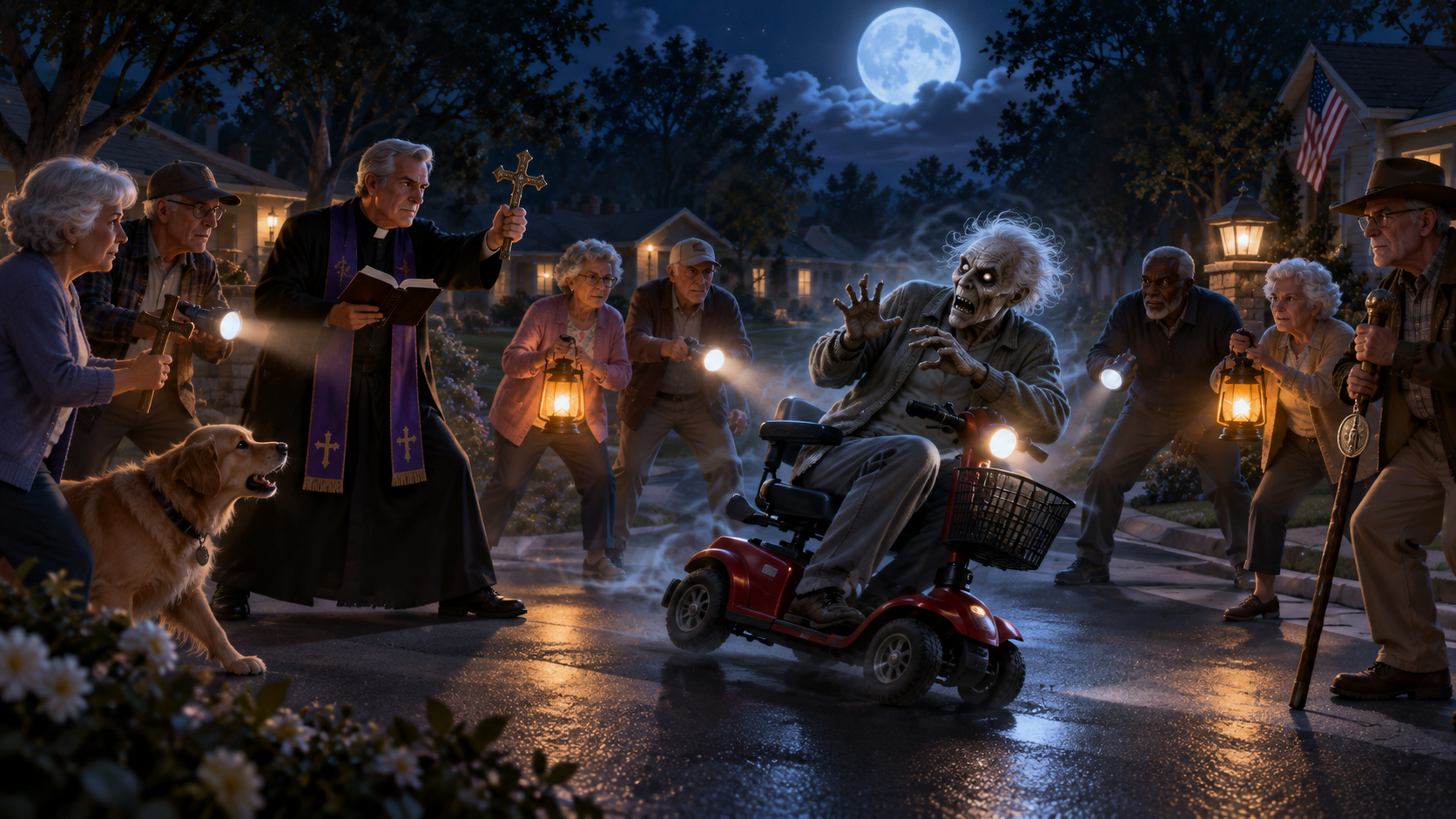 Residents gather under moonlight around a ghostly elderly man on a red mobility scooter.