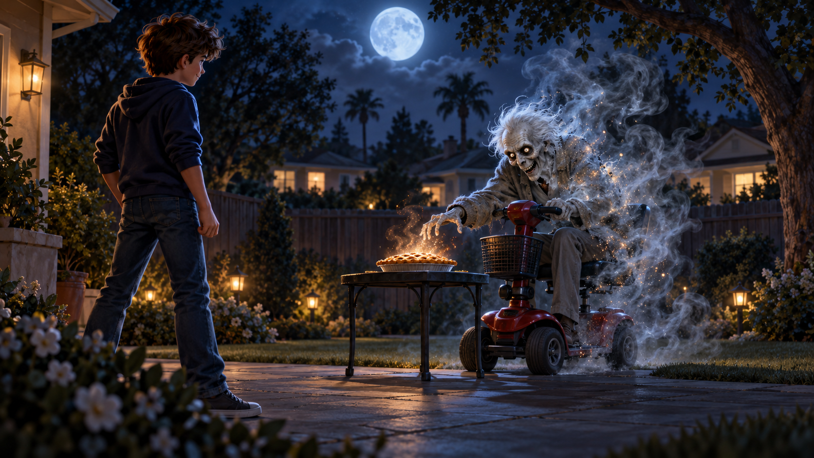 A young person faces a ghostly elderly man on a red mobility scooter during a moonlit backyard encounter.