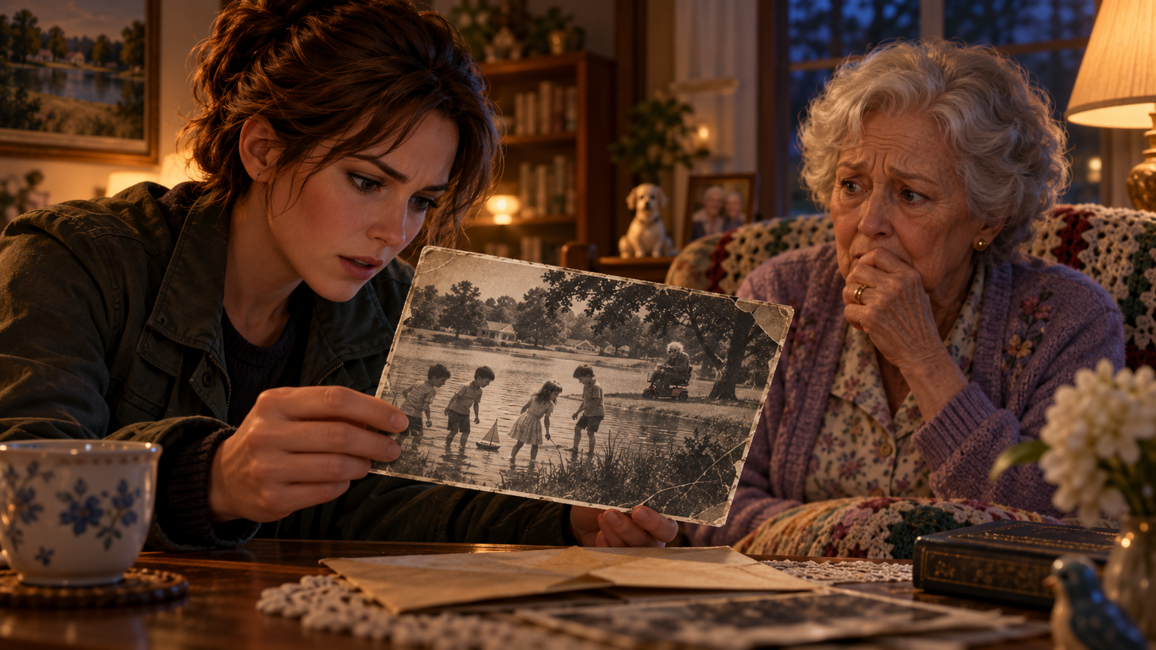 A woman examines an old photograph that appears to show a ghostly man on a mobility scooter in the background.