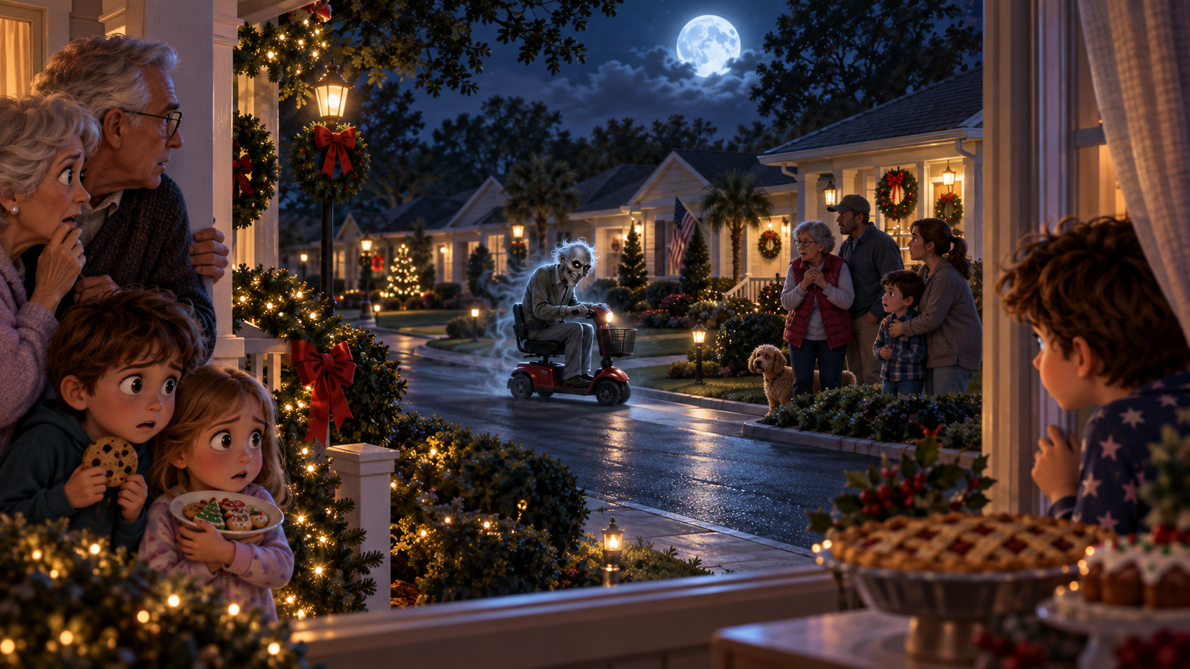 Residents peer from their homes as a ghostly elderly man rides a red mobility scooter through the neighborhood at night.