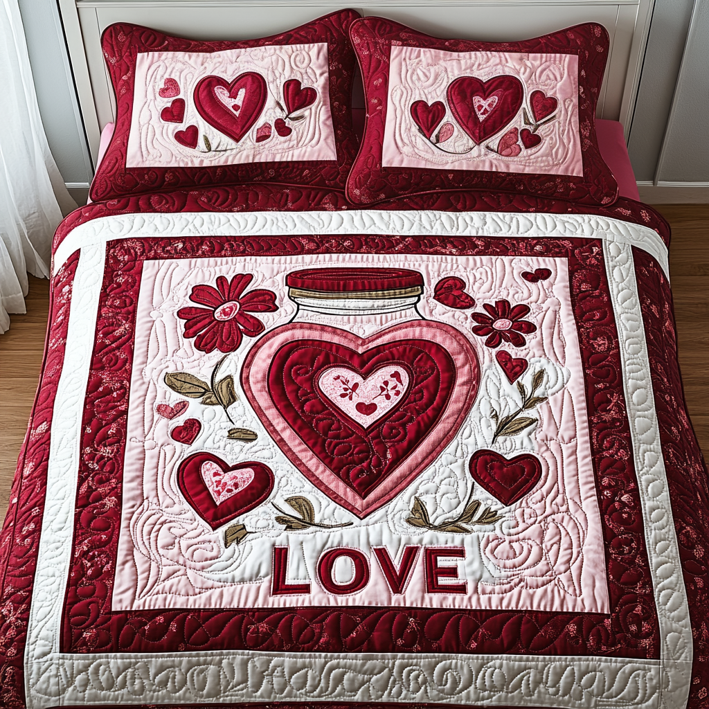 Blushing Hearts red and pink quilt set