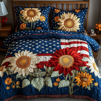 Patriotic red white and blue floral quilt set