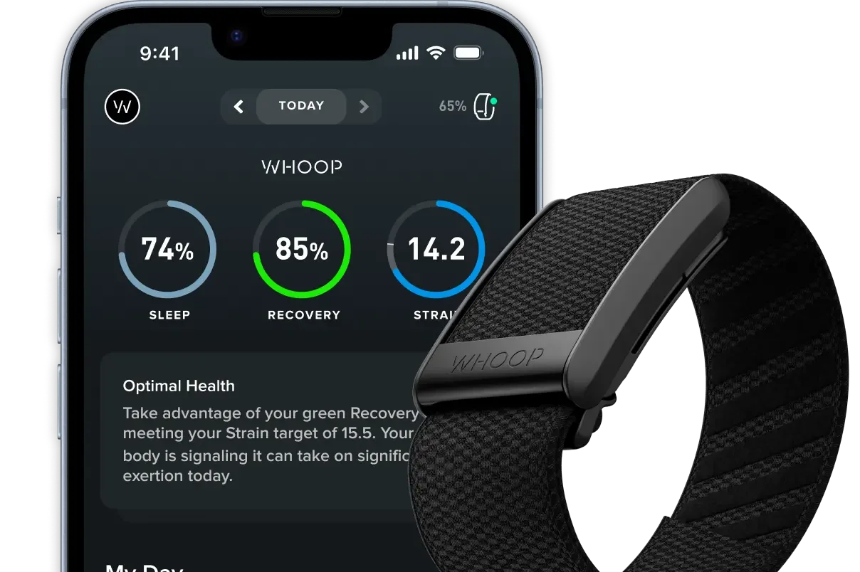 WHOOP 5.0 band beside the WHOOP app showing Sleep, Recovery and Strain scores