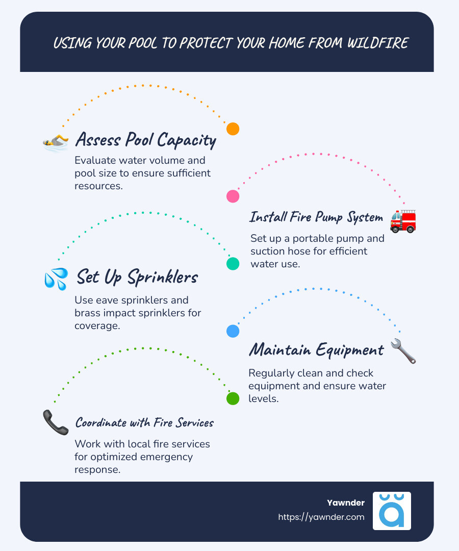 How to Use Your Pool for Wildfire Defense infographic outlining steps and components - How to use your pool to protect your house during wildfire infographic infographic-line-5-steps-blues-accent_colors