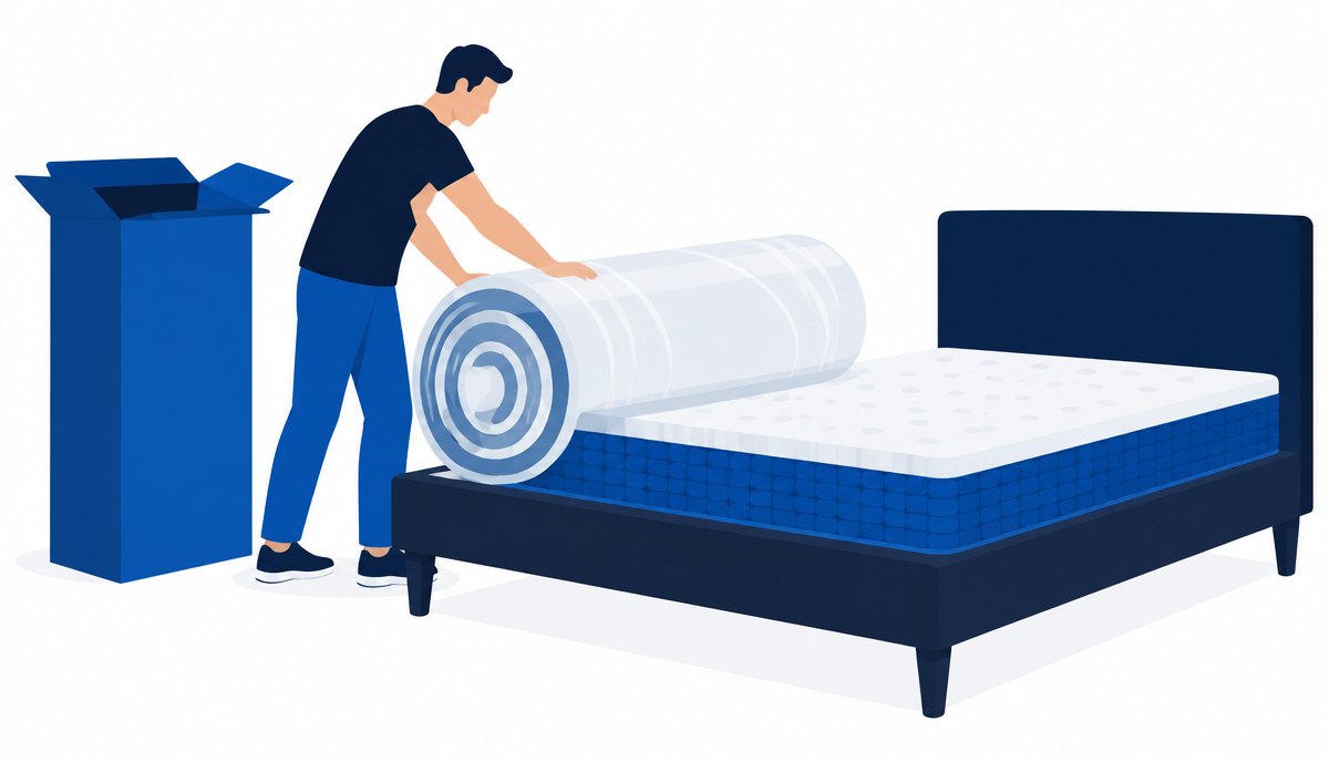 Boxed hybrid mattress being unrolled onto a bed base