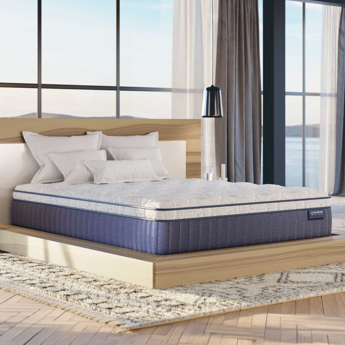 Diamond Flurry Lux cooling hybrid mattress on a wooden platform bed