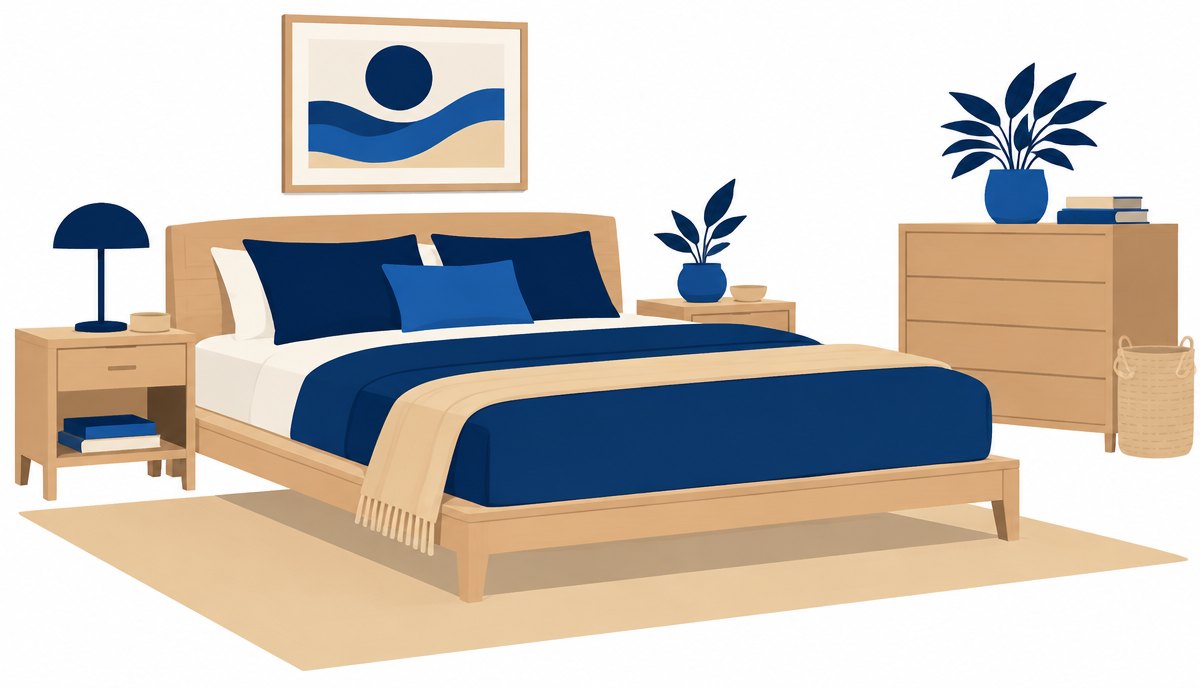 Minimalist wooden platform bed frame in a calm bedroom