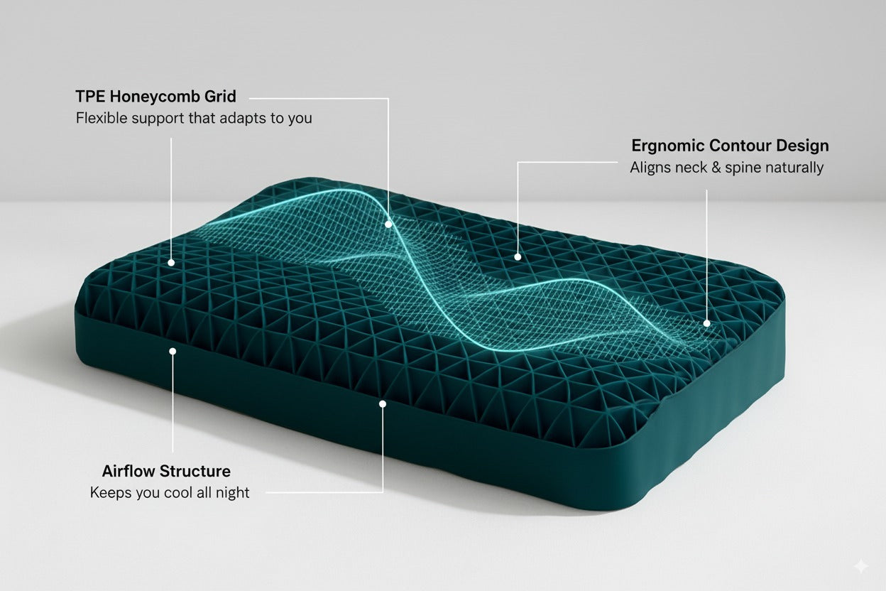 The dual-lobe contour is the headline. Most TPE pillows (including Purple) skip this and stay flat.