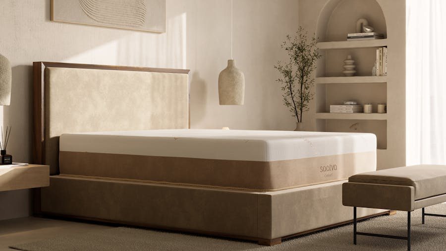 Saatva Contour5 mattress styled in a modern bedroom
