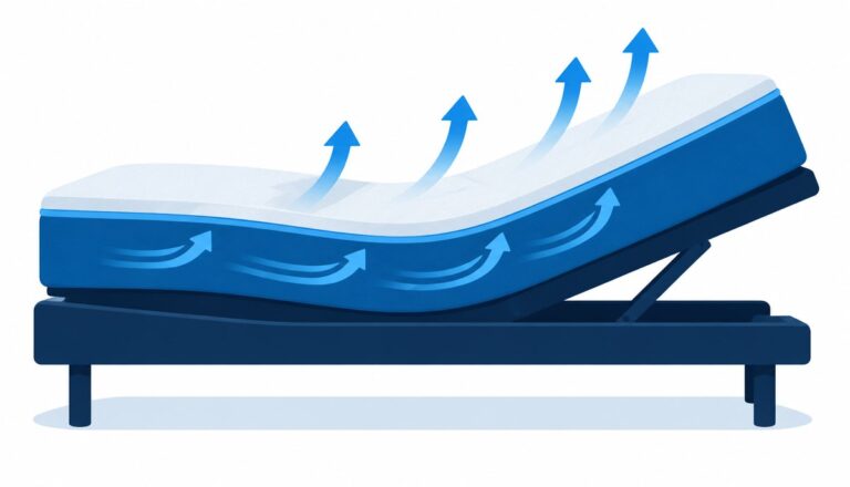 Thick memory foam mattress on an adjustable base with cooling airflow arrows
