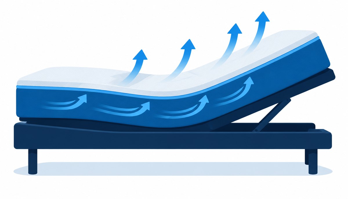 Thick memory foam mattress on an adjustable base with cooling airflow arrows