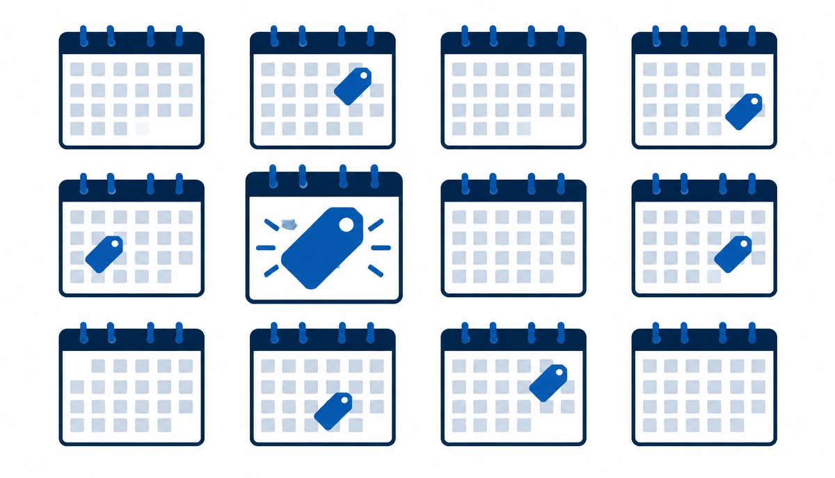 Illustrated twelve-month calendar with sale windows marked