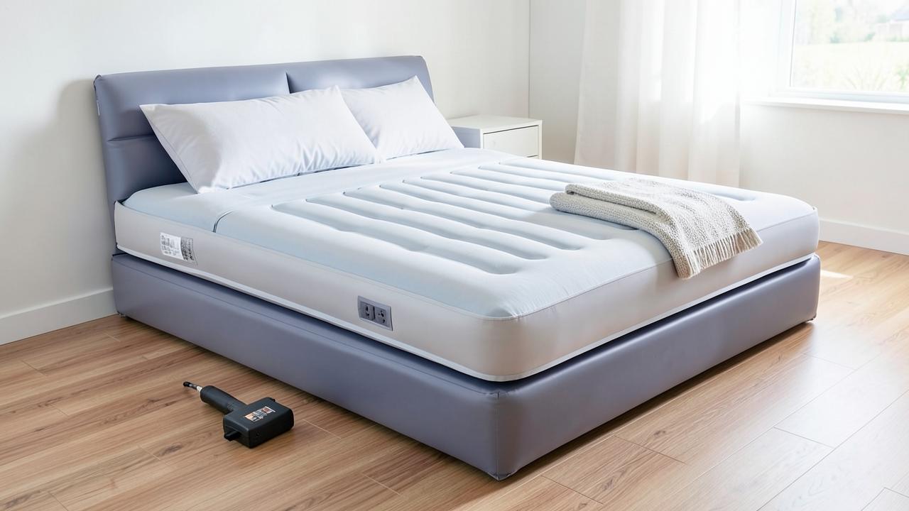 Inflated queen air mattress set up in a guest room with pump