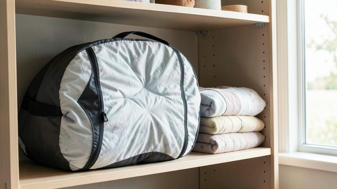 Deflated air mattress folded in its storage bag on a closet shelf