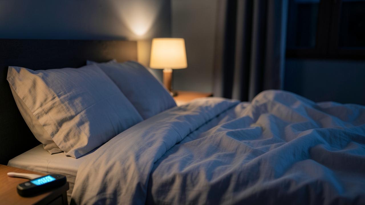 Cool dark bedroom with a thermometer on the nightstand