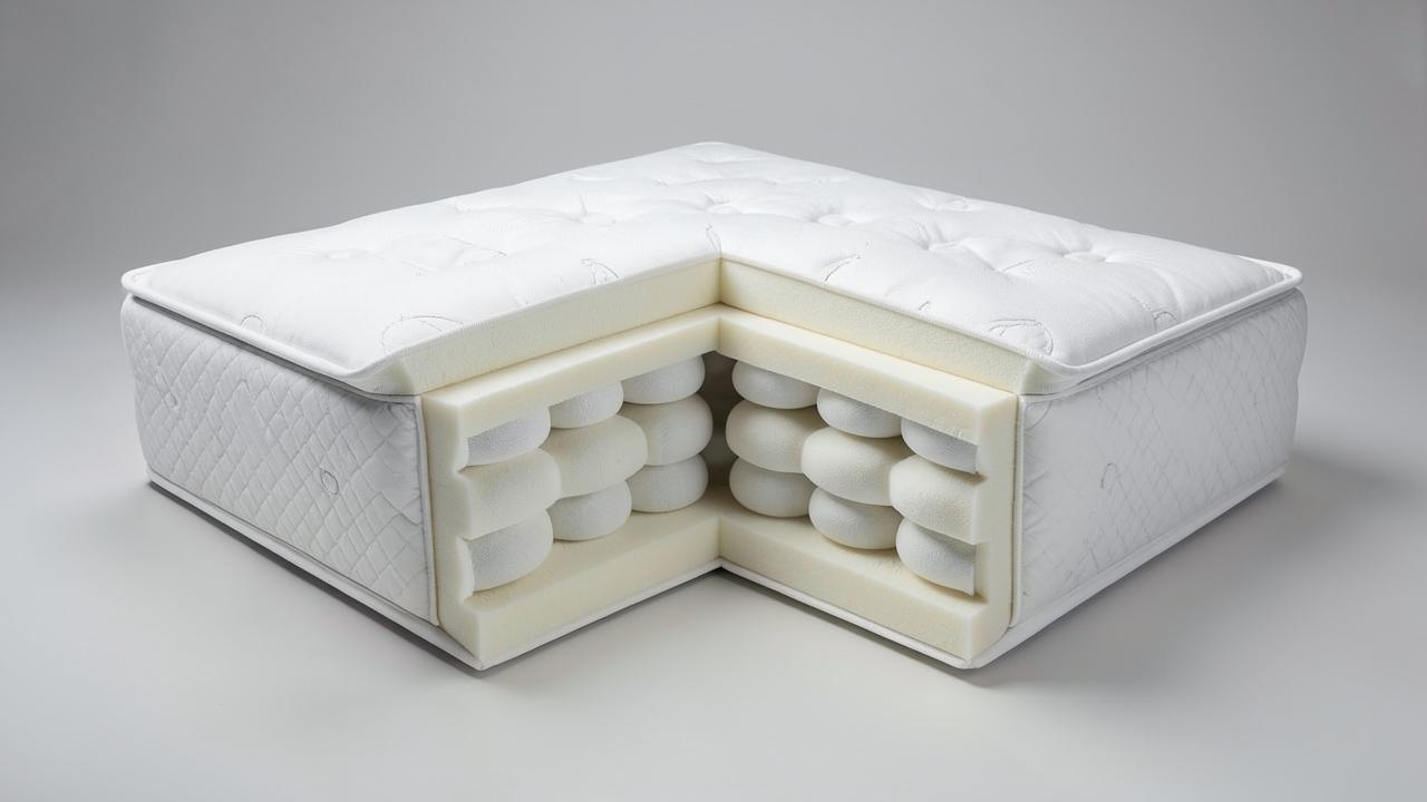 Cutaway of a two-sided hybrid mattress showing pocketed coils between foam layers