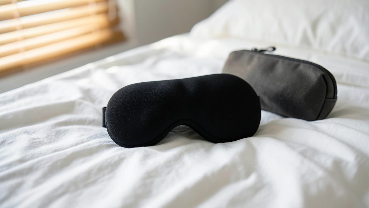 Contoured memory foam sleep mask on white bedding