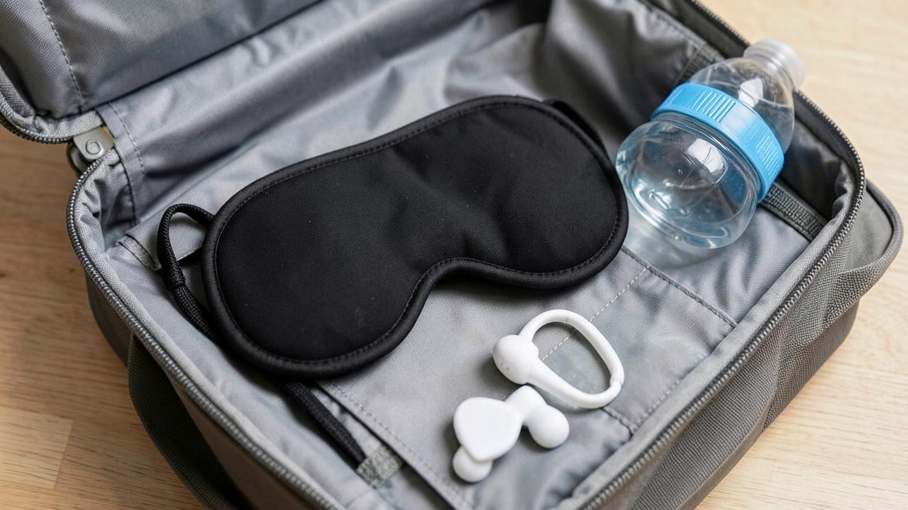 Sleep mask packed in a carry-on with earplugs