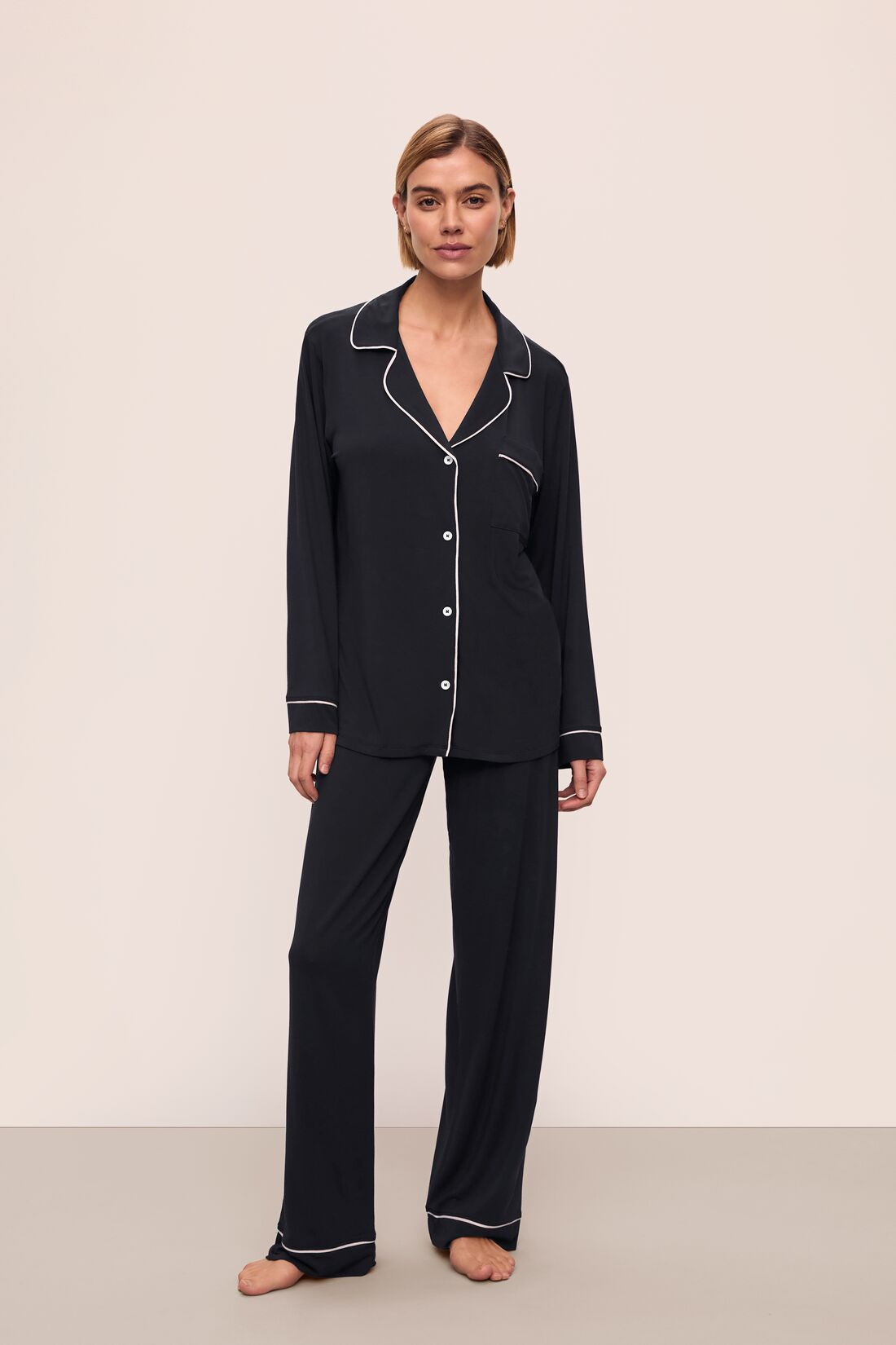 Eberjey Gisele TENCEL Modal black long pajama set with contrast piping