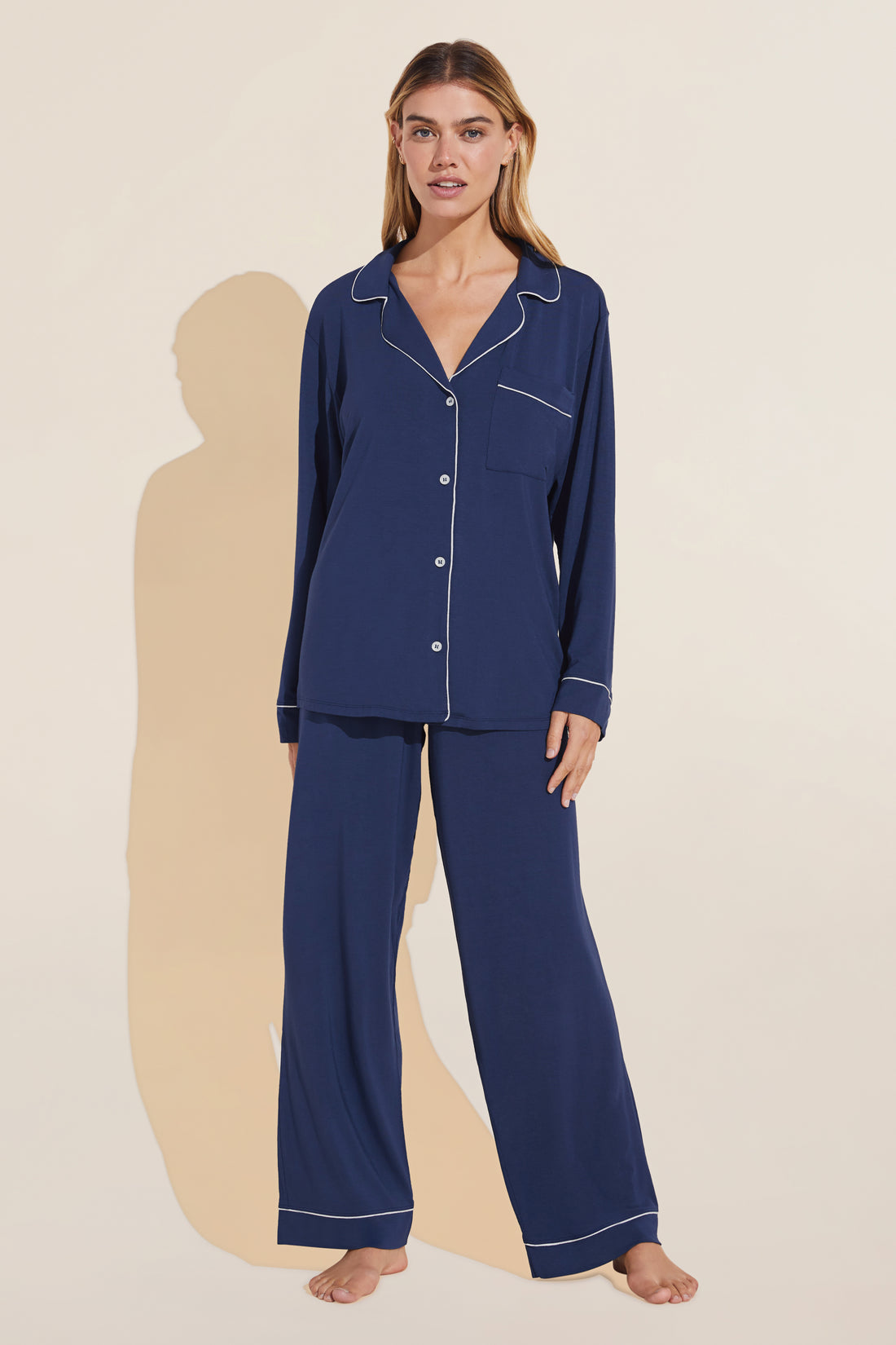 Full front view of navy and ivory Eberjey Gisele long pajamas