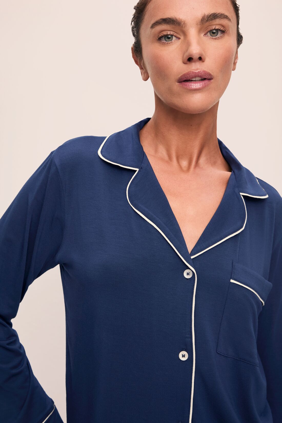 Close-up of Eberjey Gisele navy collar with ivory piping