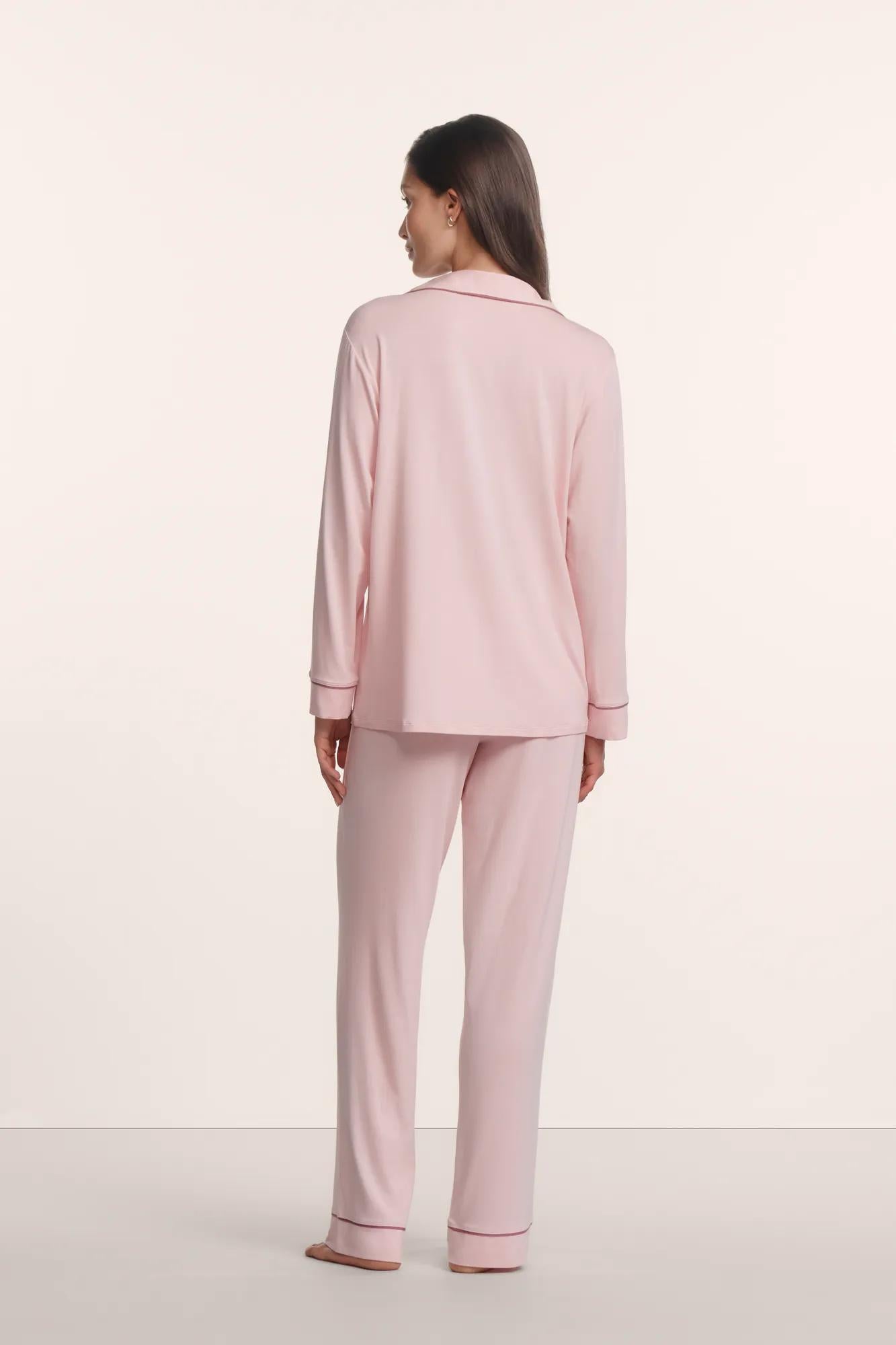 Eberjey Gisele long pajama set in Pale Pink and Fig viewed from the back