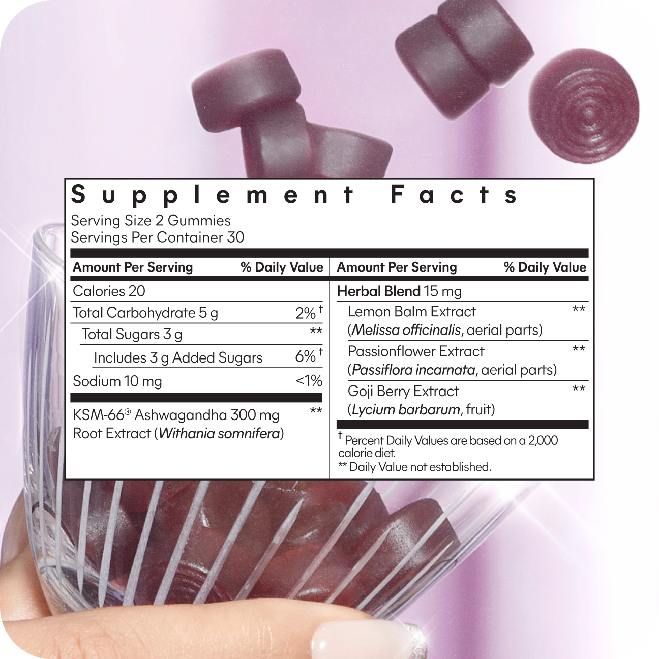 Lemme Chill Supplement Facts showing 300 mg ashwagandha and 15 mg herbal blend per two gummies