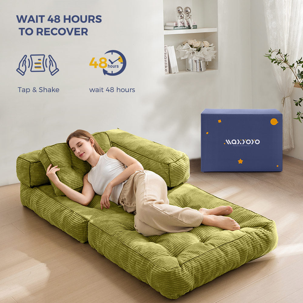 MAXYOYO green folding boneless sofa bed unfolded for lounging