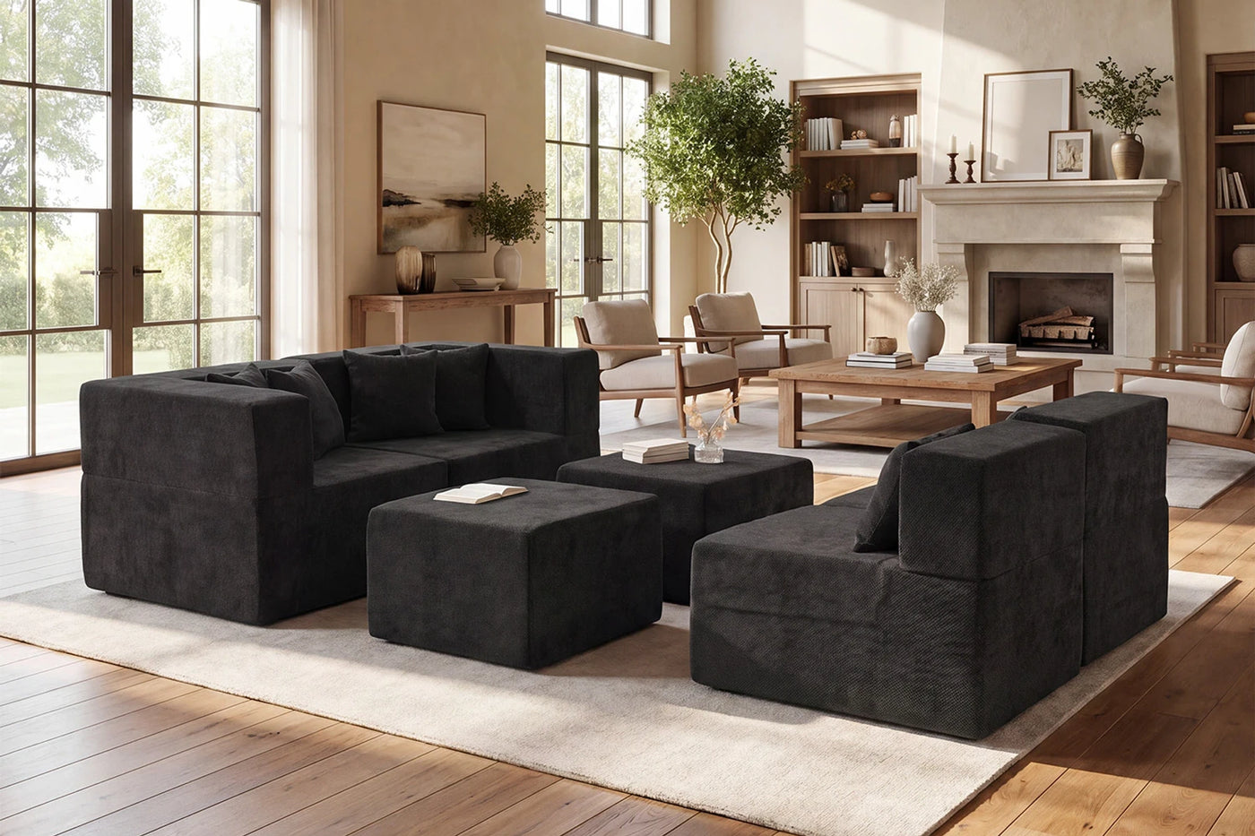 Dark grey Monvane modular couch arranged as separate sofa and chair sections