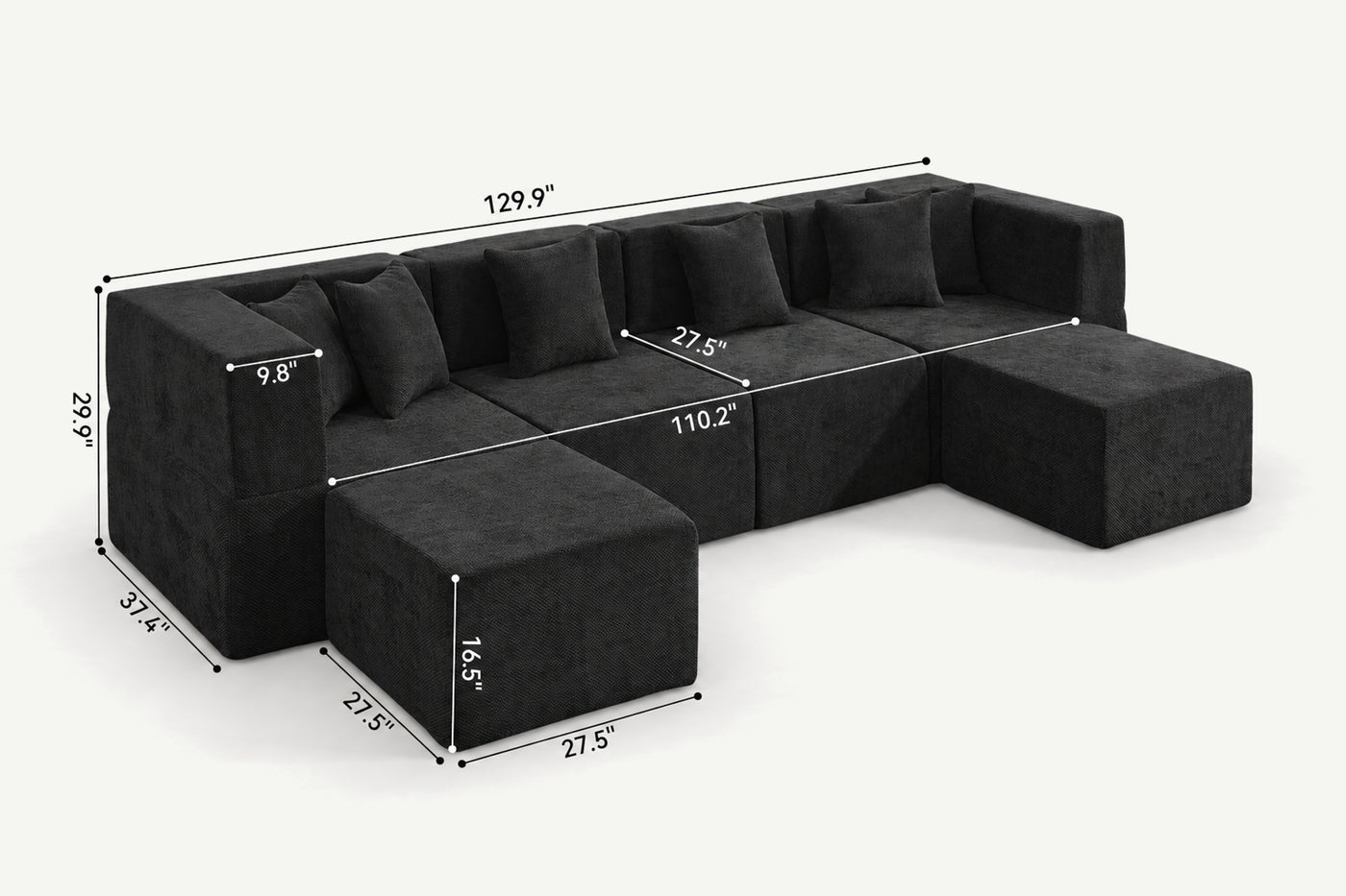 Monvane U-shaped couch dimension graphic showing 129.9-inch overall width, 27.5-inch seat depth and 16.5-inch seat height