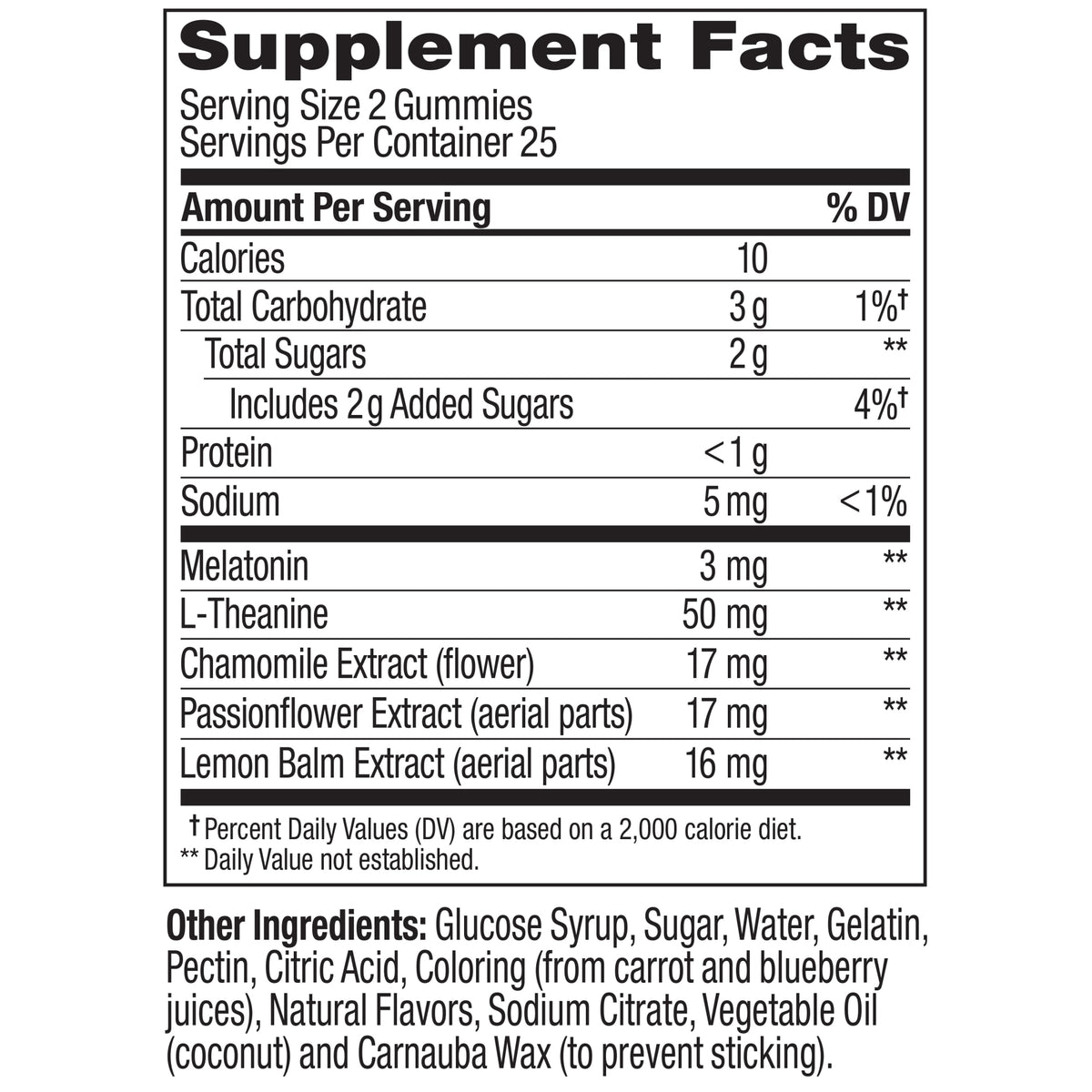 OLLY Sleep Blackberry Zen Supplement Facts for a two-gummy serving
