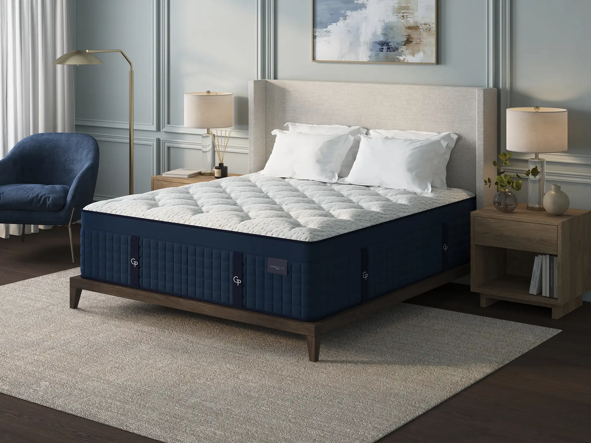 Restonic Grand Palais Diamond Luxury Plush Euro Top mattress in a bedroom