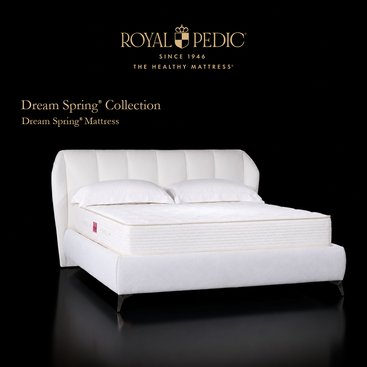 Royal-Pedic Dream Spring luxury mattress on an upholstered bed